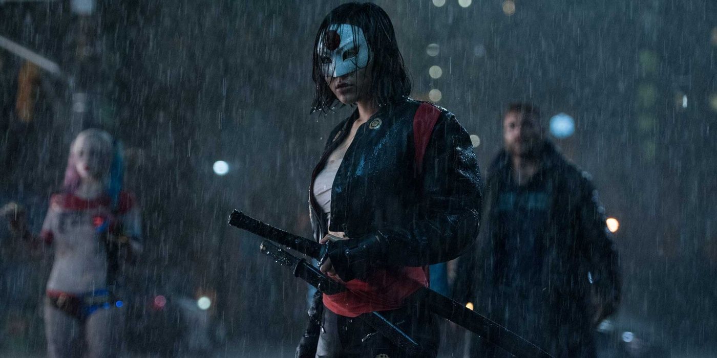 Katana readies herself in a scene from 2016's Suicide Squad alongside Harley Quinn and Captain Boomerang.