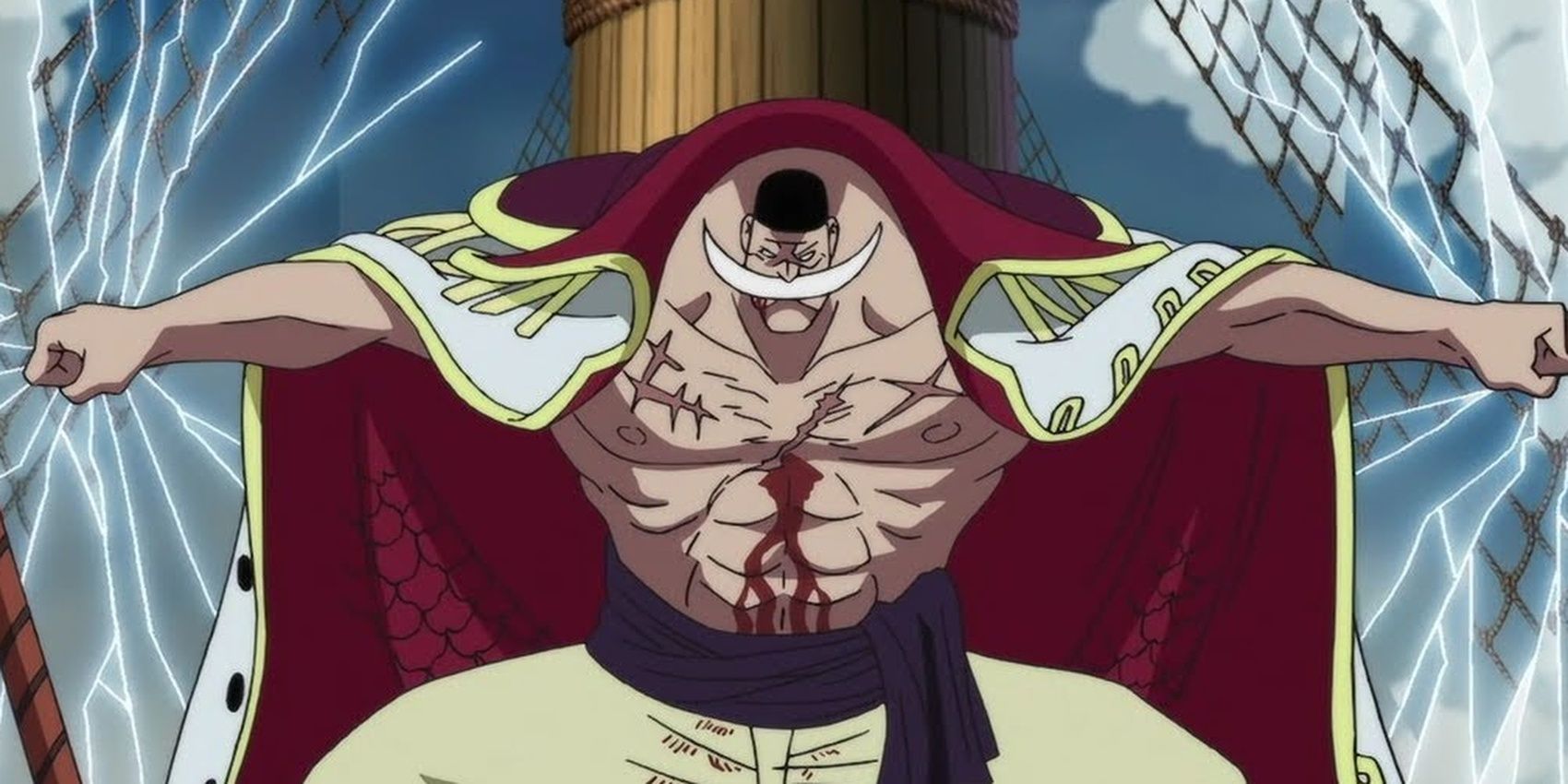 Evile Whitebeard extending his arms to put out lightning