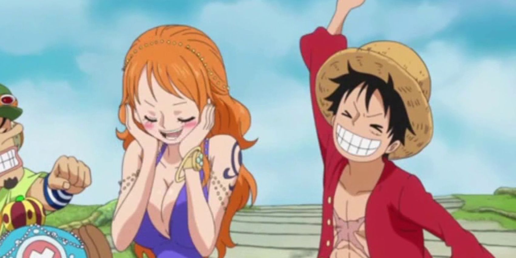Nami blushes as Luffy grins behind her in One Piece