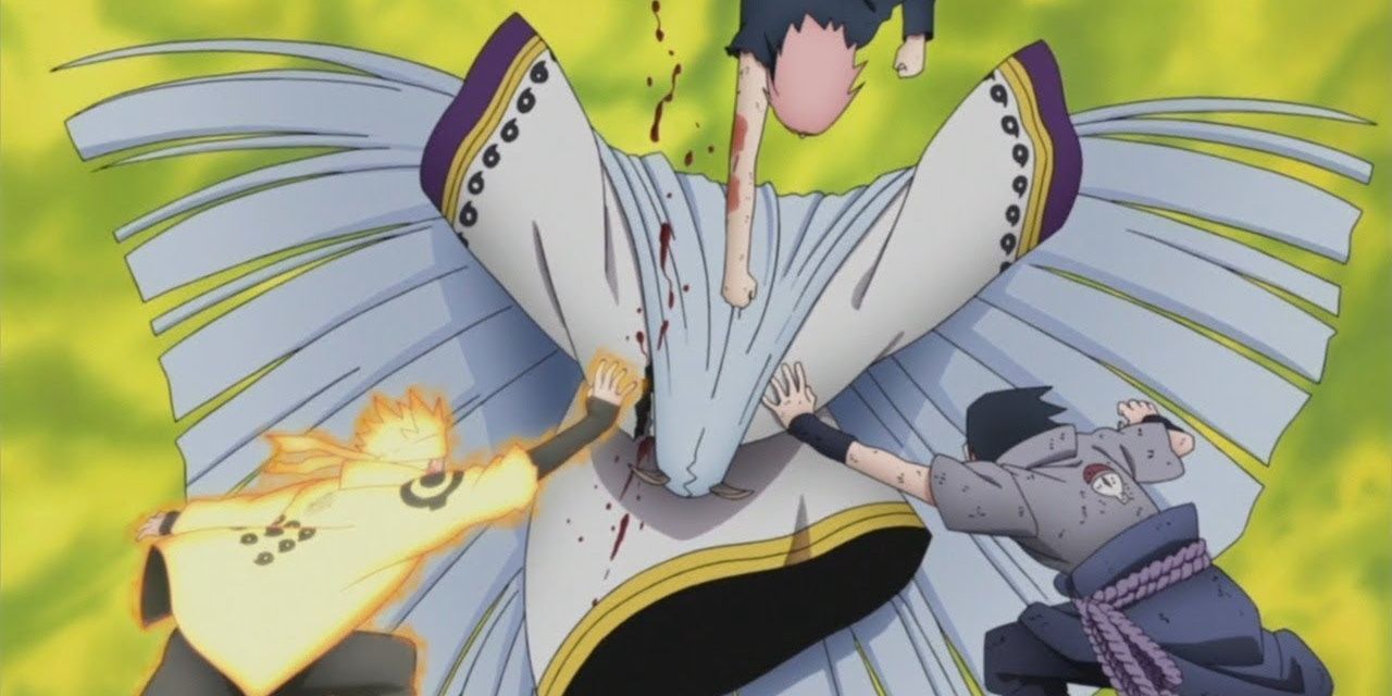 Team Seven — Naruto, Sakura, and Sasuke — landing a devastating hit on Kaguya Otsutsuki in Naruto: Shippuden