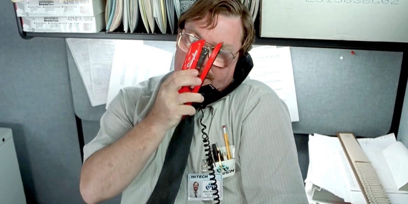 Milton sniffs his stapler in Office Space Movie