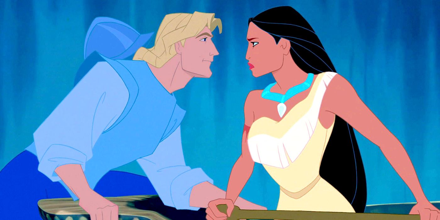 Pocahontas and John Smith lock eyes in the forest.