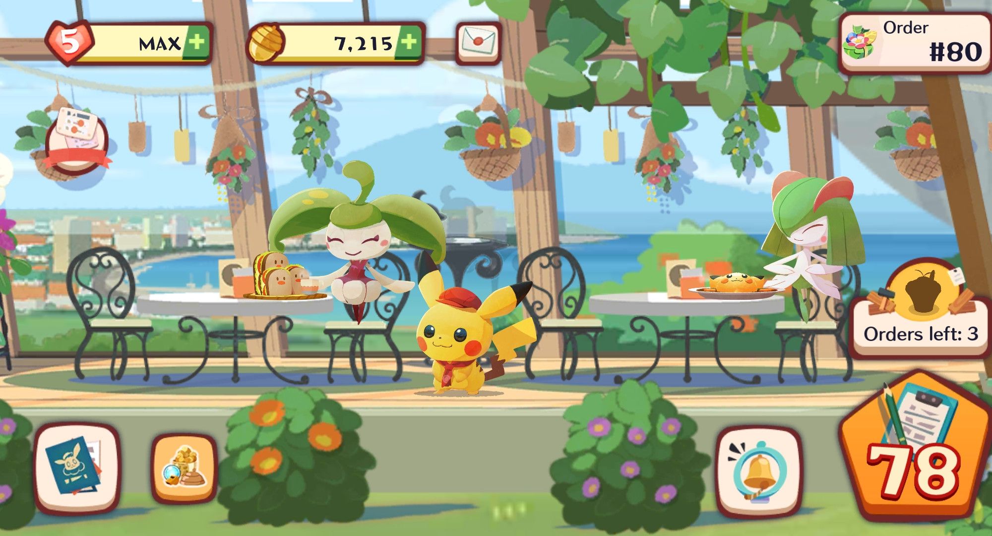 An image of Pikachu attending the cafe in Pokémon Cafe Mix.