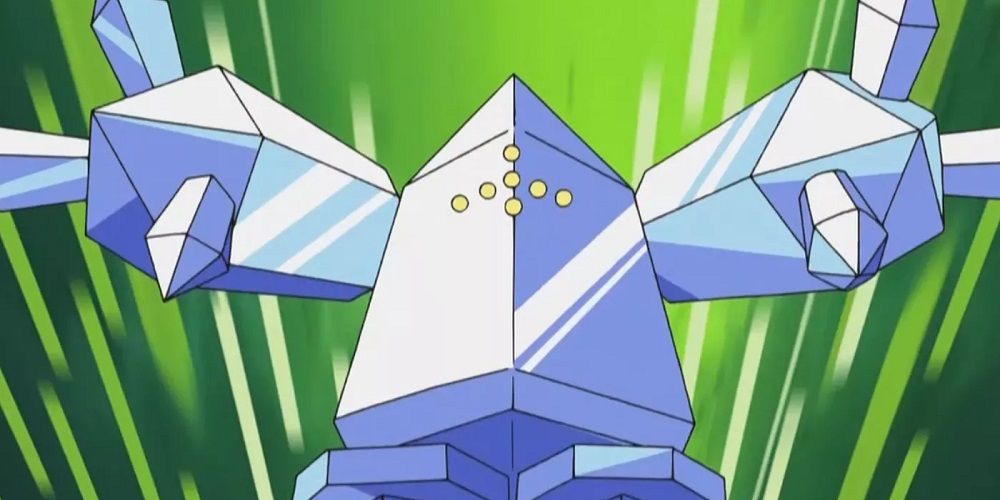 The pokemon regice leaping into action in the pokemon anime against a green background