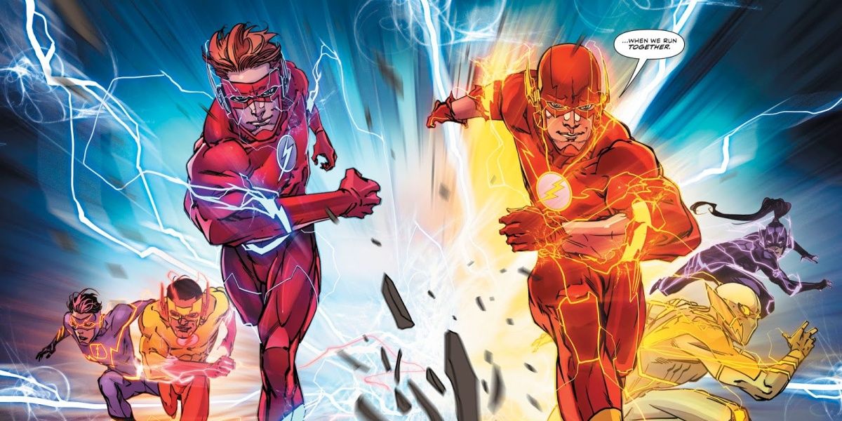 Barry Allen and Wally West leading the modern Flash Family as they run with the Speed Force