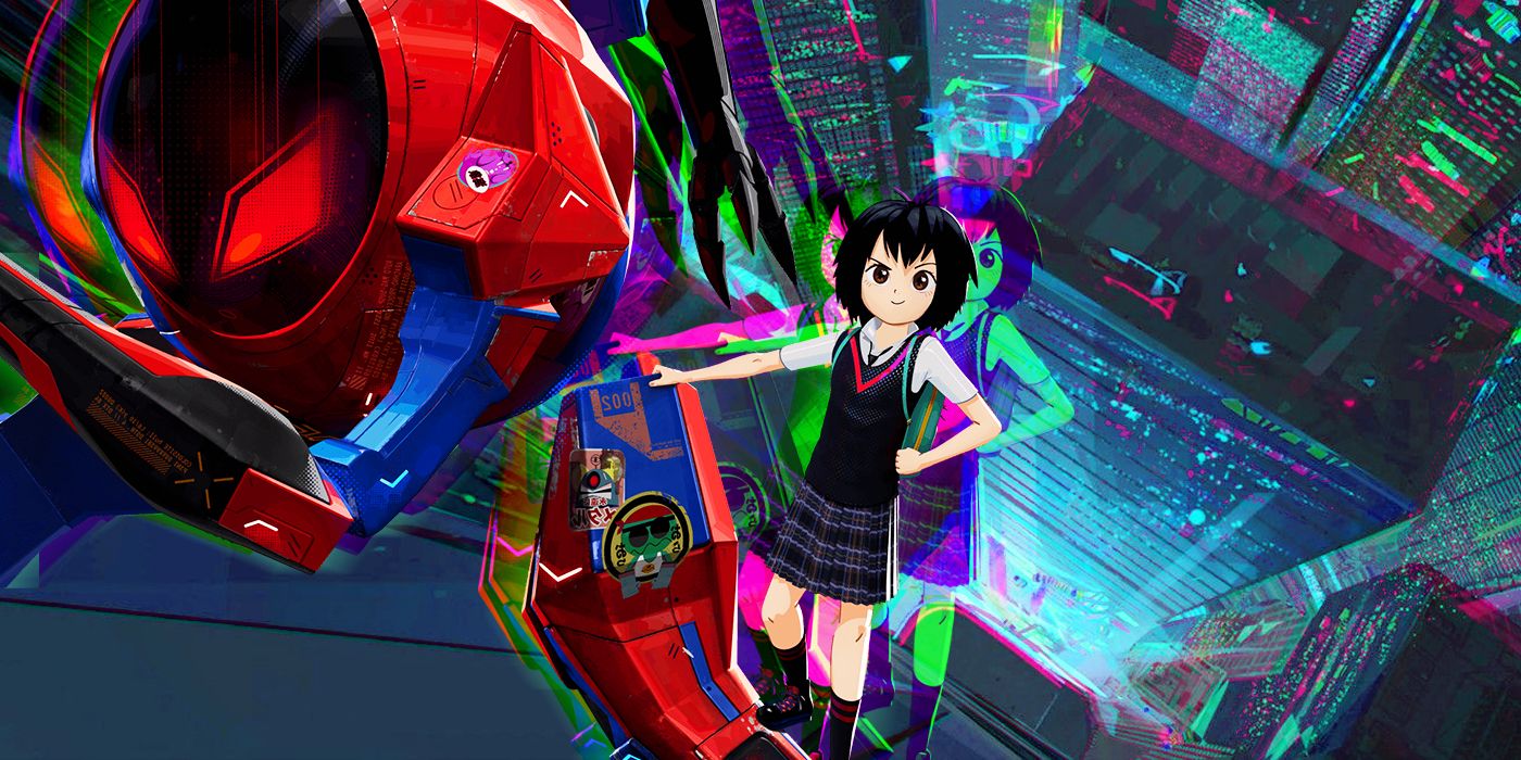 Peni Parker looking determined next to her biomechanical suit in Into the Spider-Verse