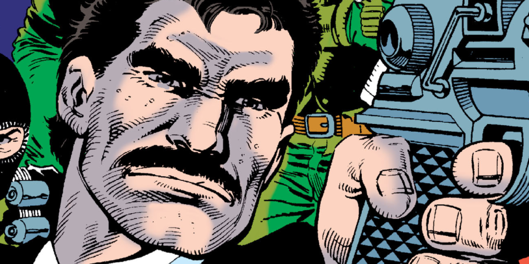 DC Comics' Bruno Mannheim holds a pistol