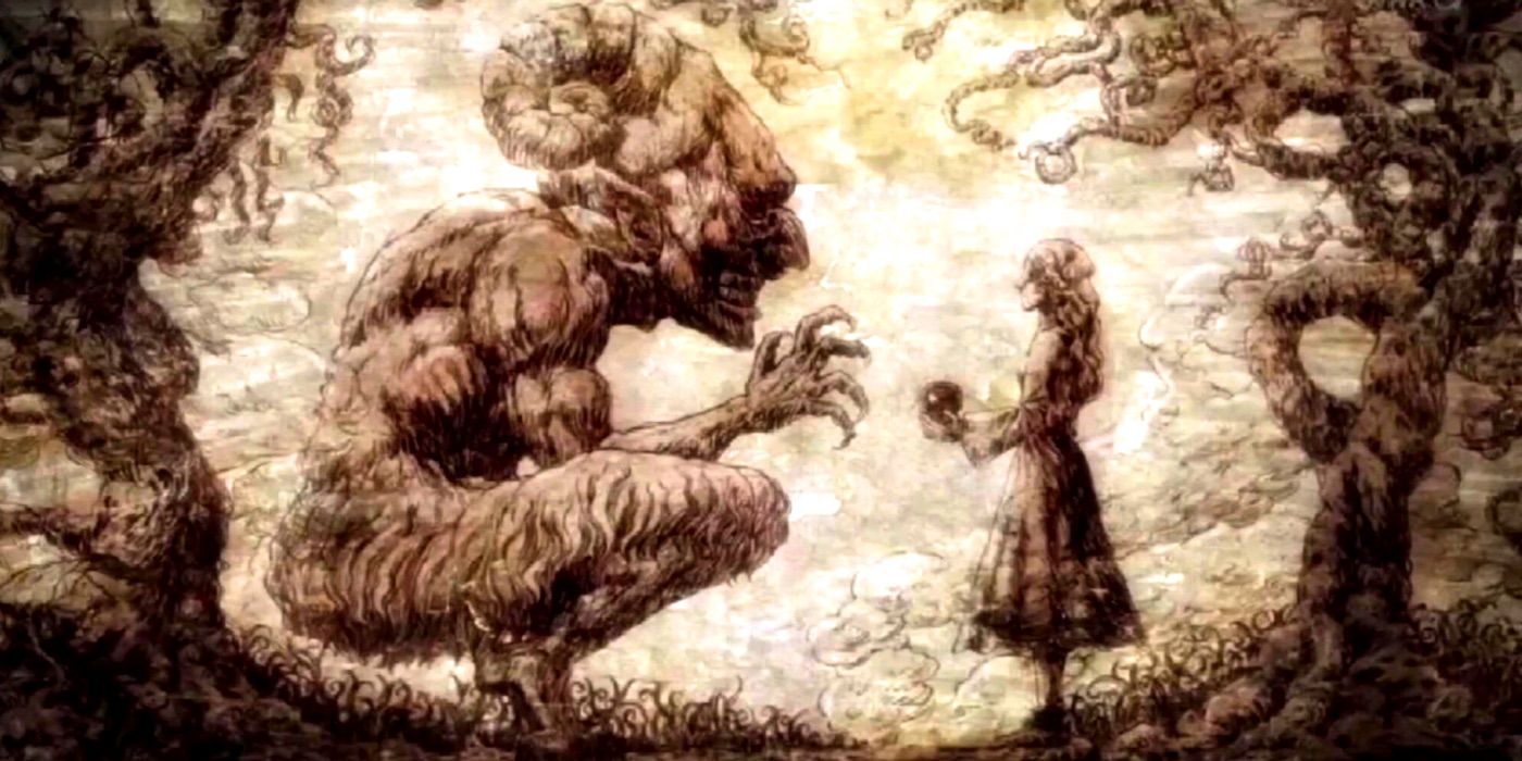 An old illustration of Ymir receiving her power from the beast from Attack on Titan.