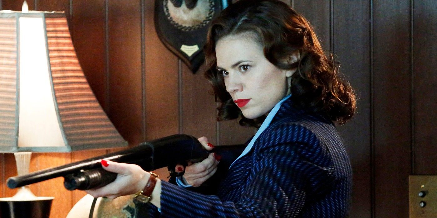 Peggy carter aiming a shotgun in Agent Carter
