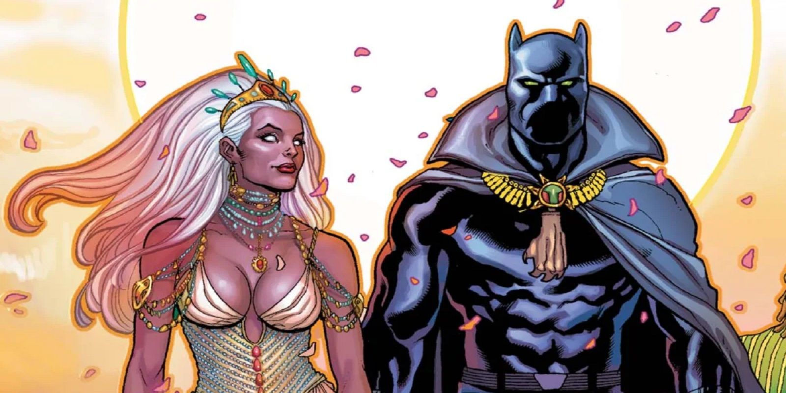 Marvel Comics' Storm and Black Panther hold hands on their wedding day.
