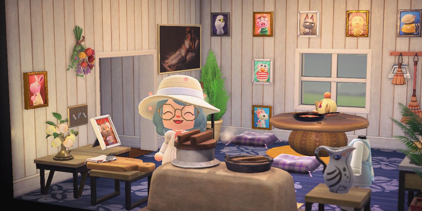 Framed villager photos adorn the walls of a player's home in Animal Crossing: New Horizons