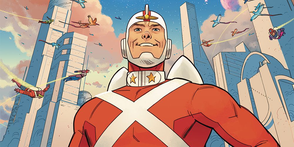 DC Comics Adam Strange standing in front of a futuristic city.