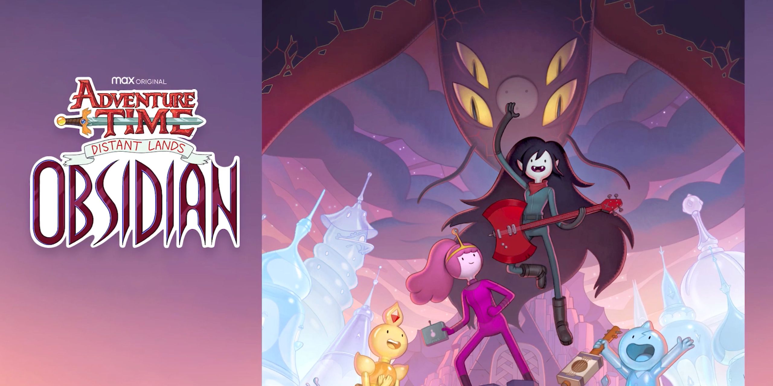 Marceline and Princess Bubblegum posing victoriously in Glass Kingdom while an ominous monster looms above them