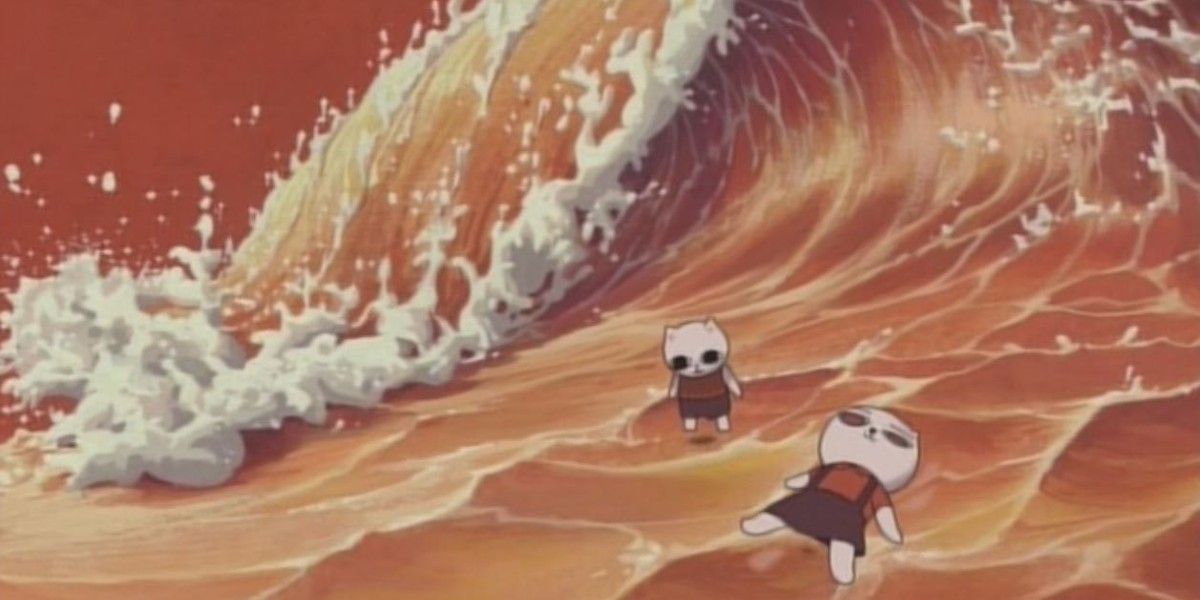 These are two cats getting hit by an ocean wave in Cat Soup. 