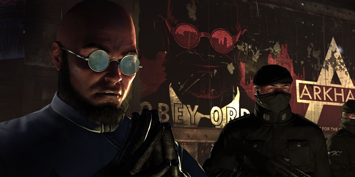 Hugo Strange with TYGER guards in Arkham City video game
