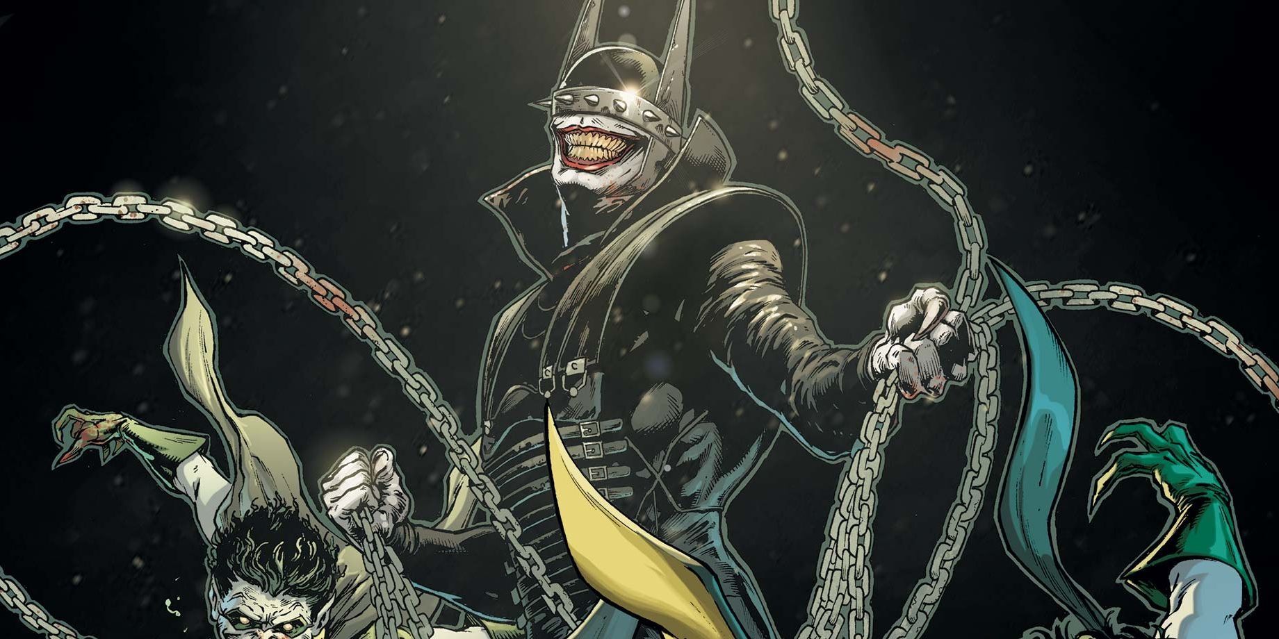 Batman Who Laughs, da DC Comics, gargalha enquanto acorrenta seus inimigos.