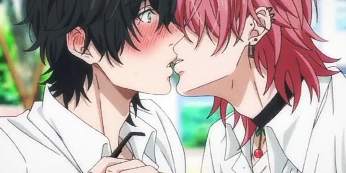 A scene where two guys make out in the anime, Yarichin Bitch Club. 