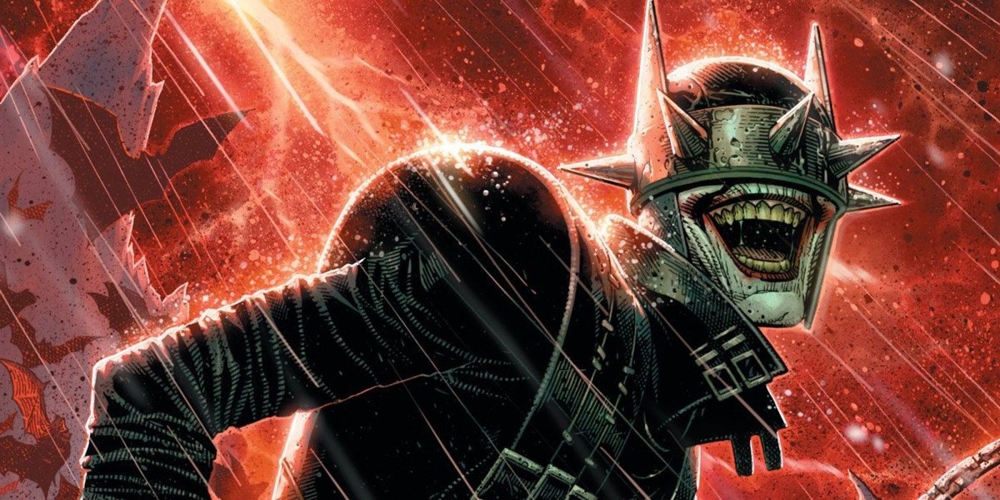 The Batman Who Laughs cackles under a red storm from DC Comics