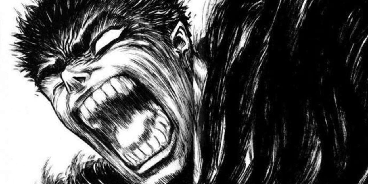 guts is shouting in rage in berserk's manga