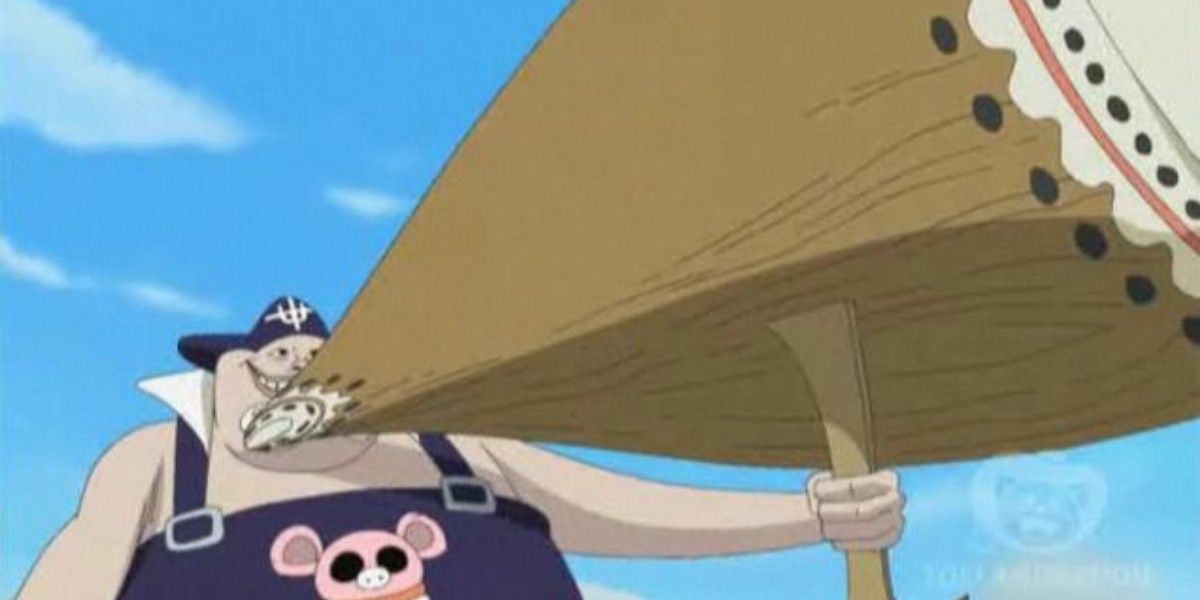 Blamenco tirando um martelo enorme do bolso durante a guerra de cúpula de One Piece