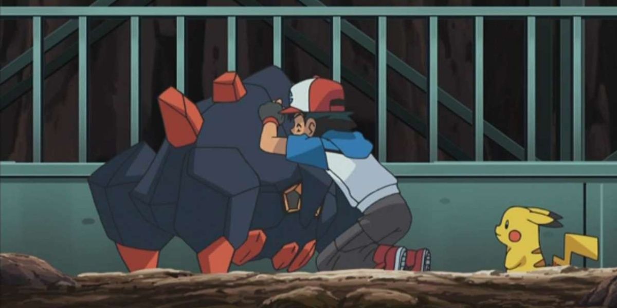 Boldore with Ash and Pikachu in the Pokemon anime