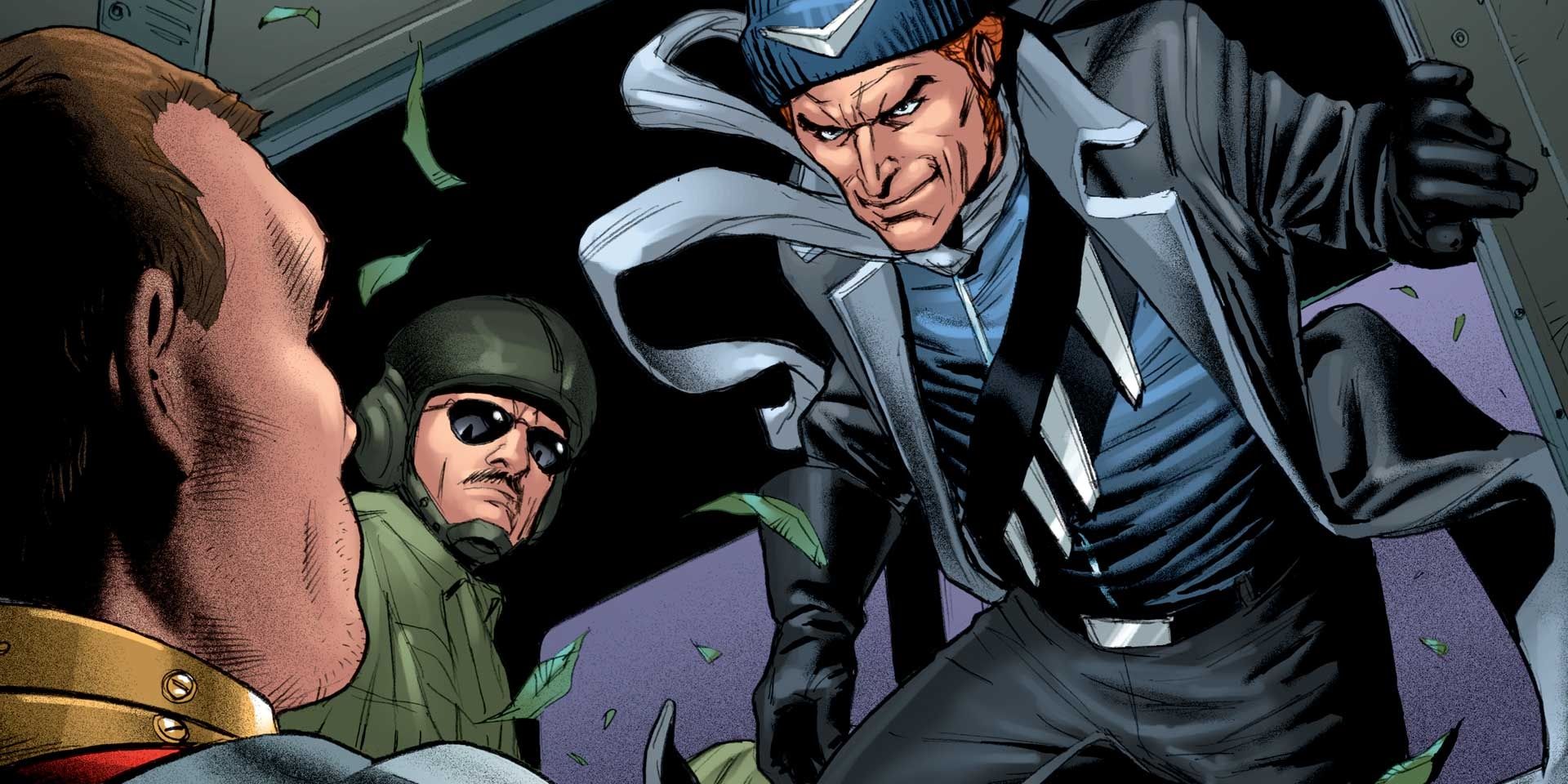 Captain boomerang exits a helicopter in DC Comics