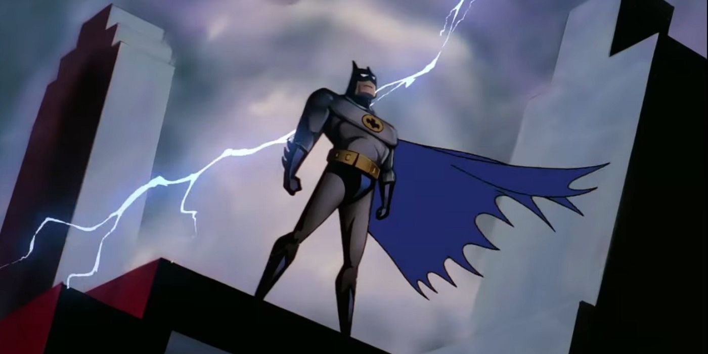 Batman: The Animated Series iconic intro shot, backlit with lighting.