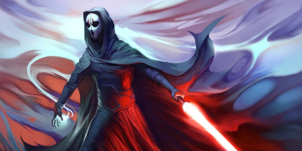 Darth Nihilus empuña su sable láser rojo en Star Wars