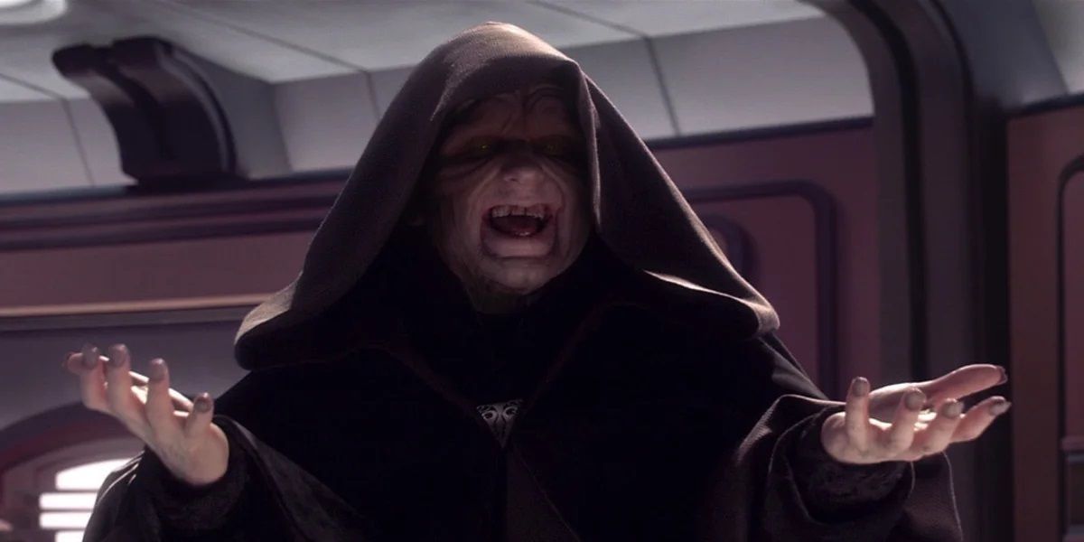 Darth Sidious cackles with his hands raised in front of him