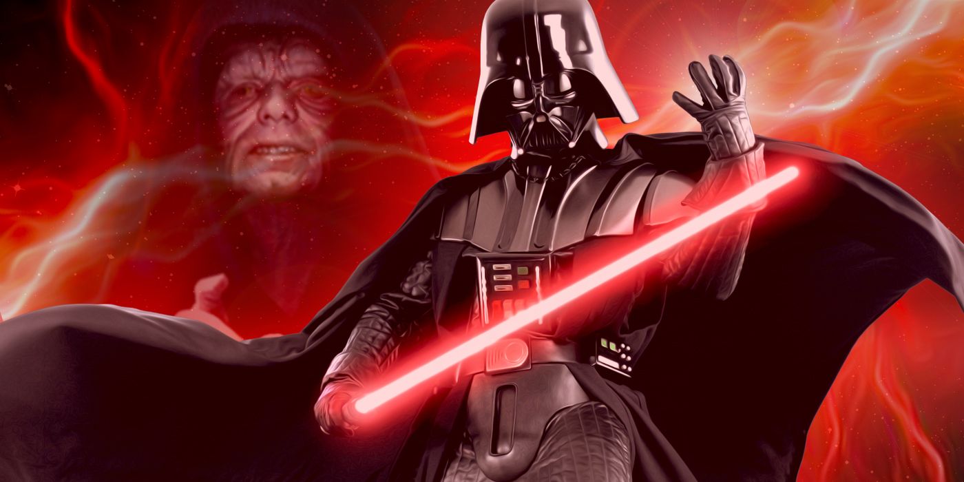 A collage of Darth Vader with his lightsaber out in front of a red background of Palpatine using Force lightning