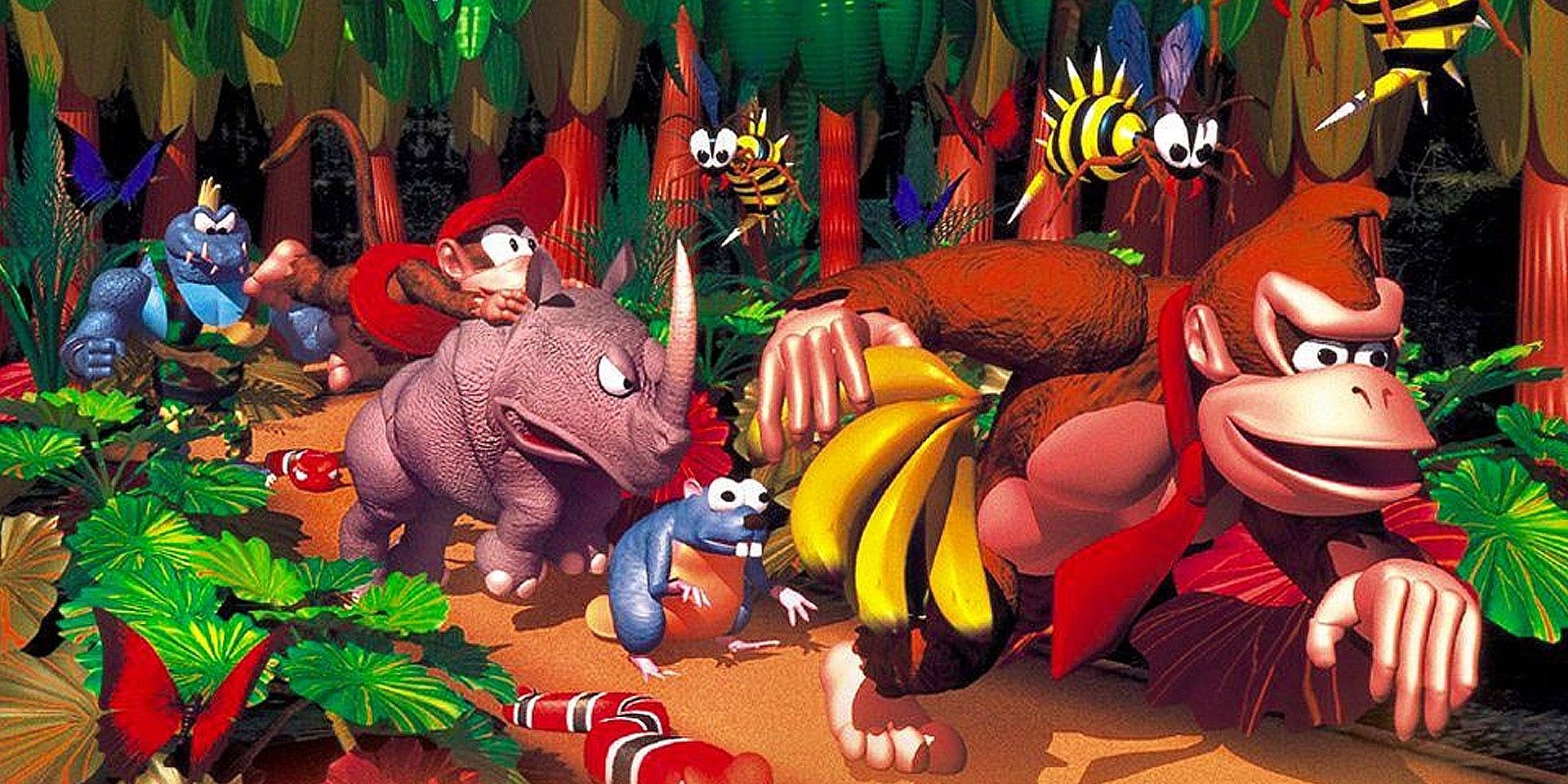 Donkey Kong Country SNES Box Art; characters walking through a jungle.