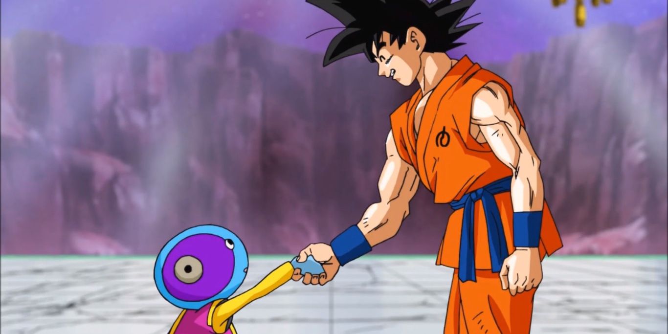 Goku shakes hands with Omni-King Zeno in Dragon Ball Super