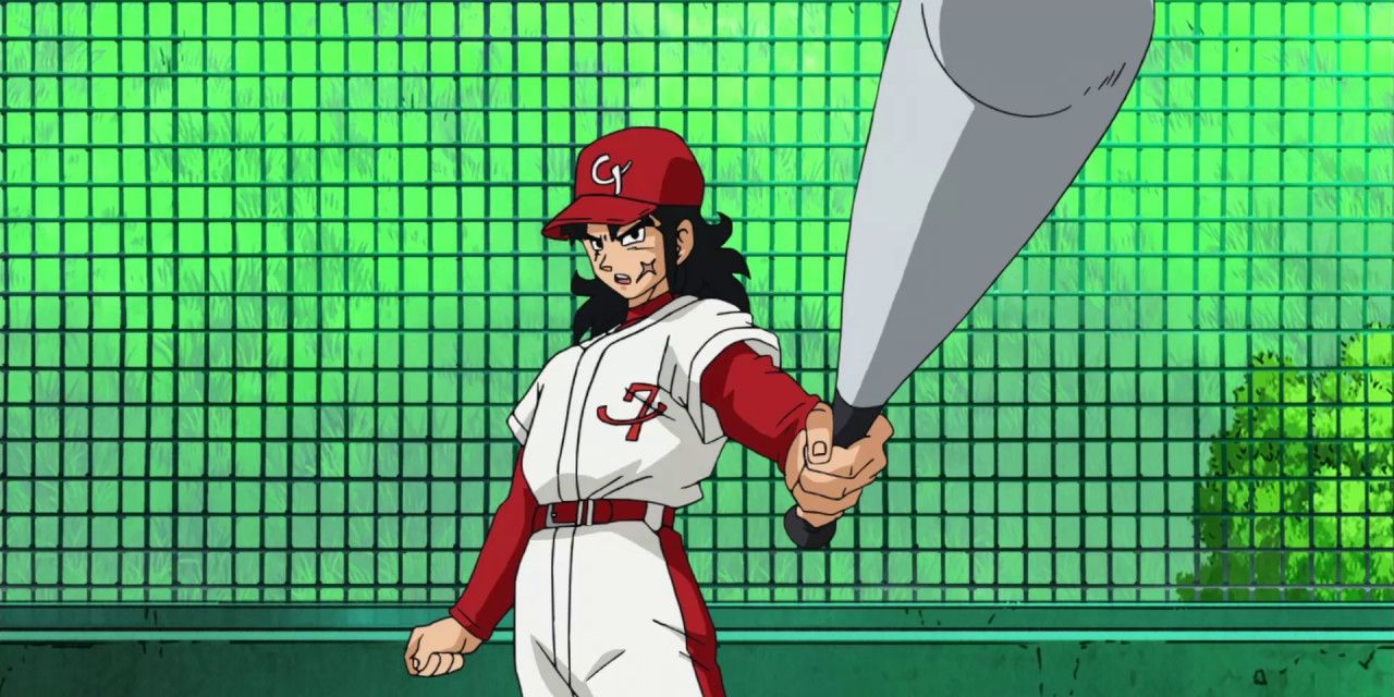 Yamcha gets ready to hit the ball with his baseball bat in Dragon Ball Super