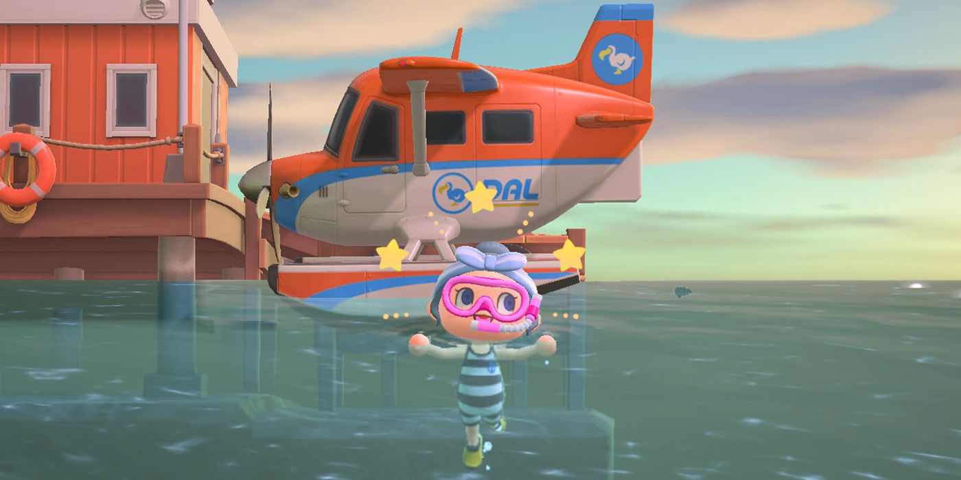 A player goes swimming in Animal Crossing: New Horizons
