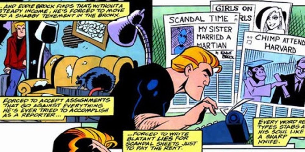 An image of Eddie Brock researching things in Marvel Comics