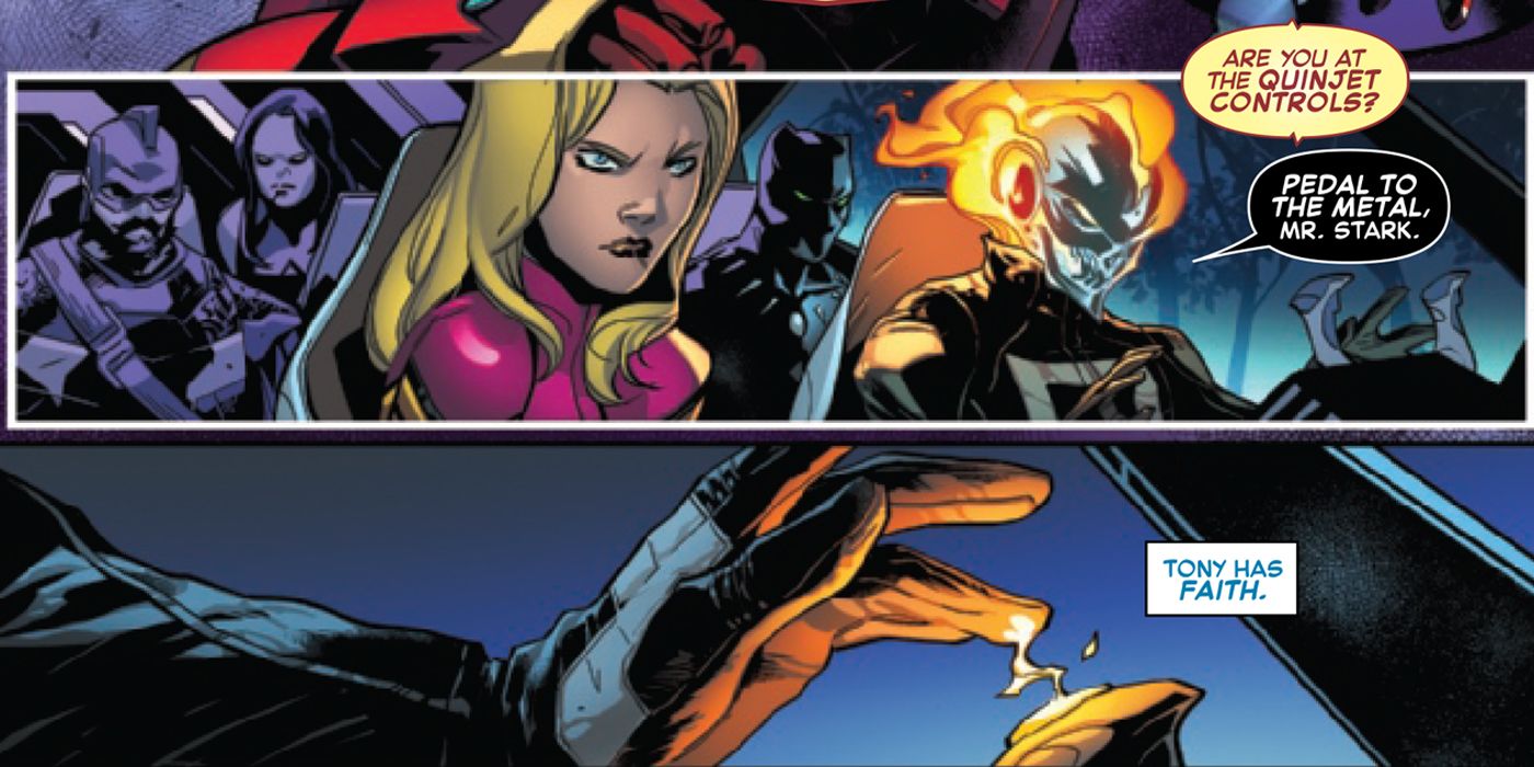 Ghost Rider coverts the Quinjet into a weapon alongside his fellow Avengers