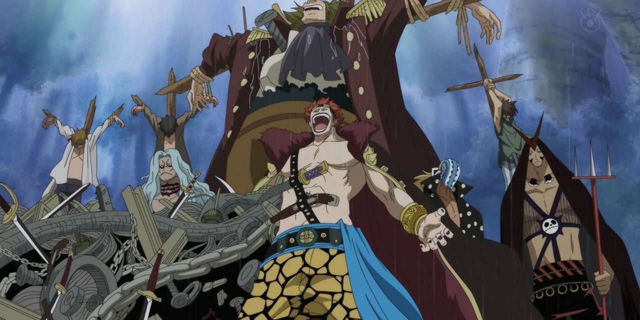 The Kid Pirates Gather Behind Eustass Kid as He Shouts in One Piece
