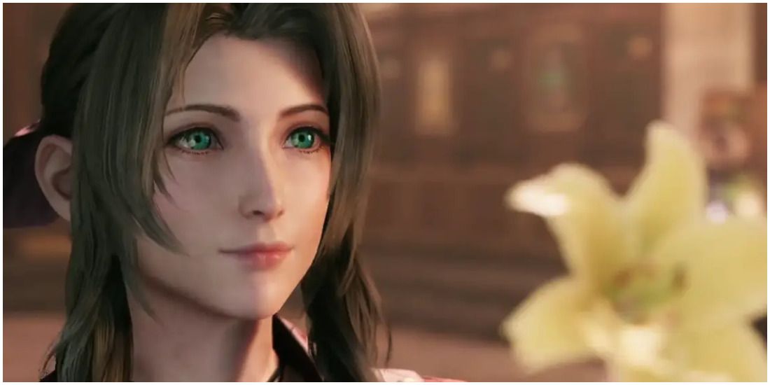 Aerith offers a flower in the Final Fantasy 7 remake