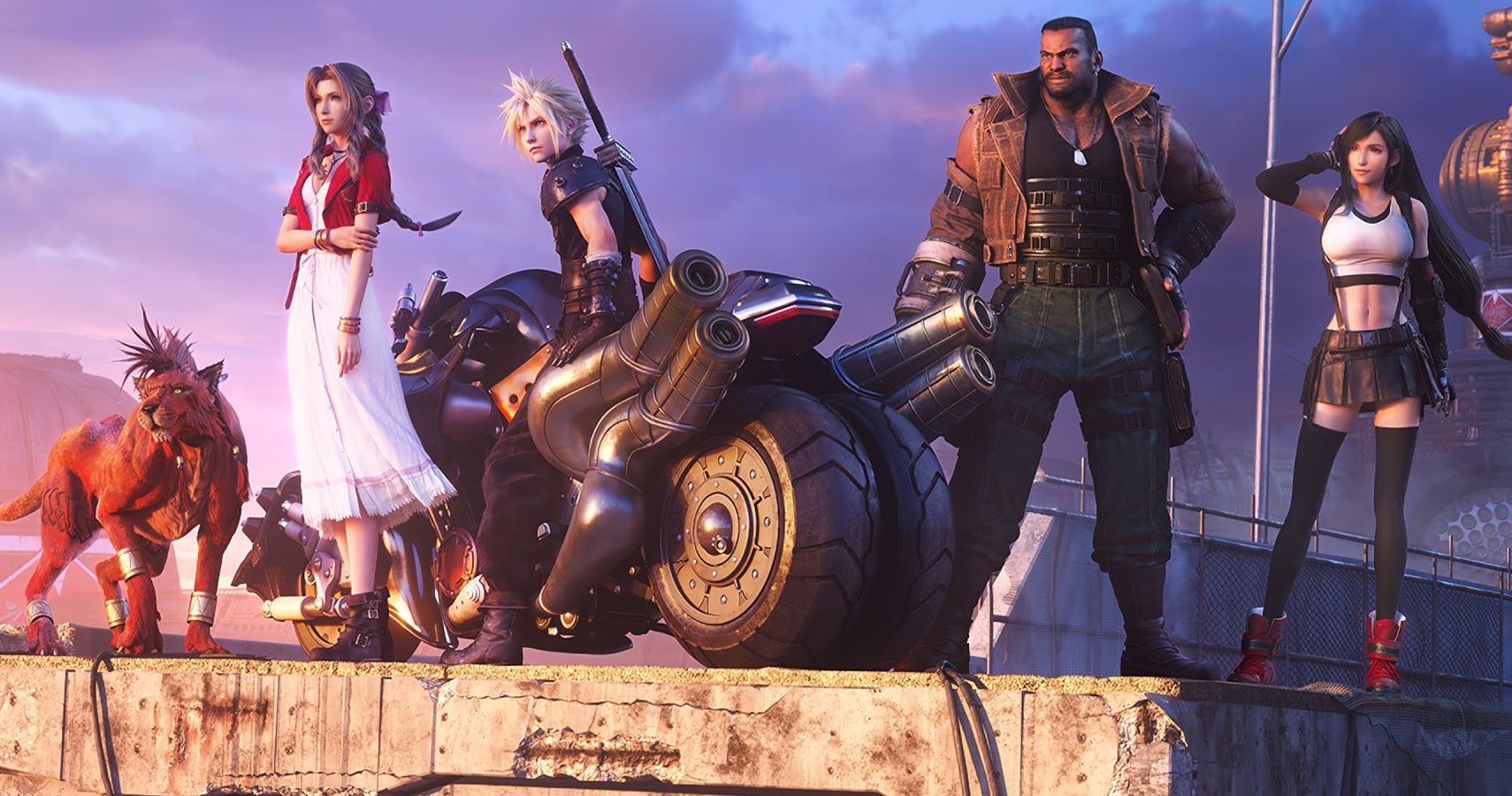 Red XIII, Aerith, Cloud, Barret and Tifa stand at the edge of Midgar