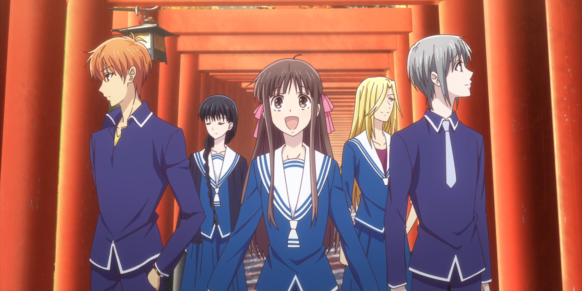 Fruits Basket Tohru and her friends walking through the red gates