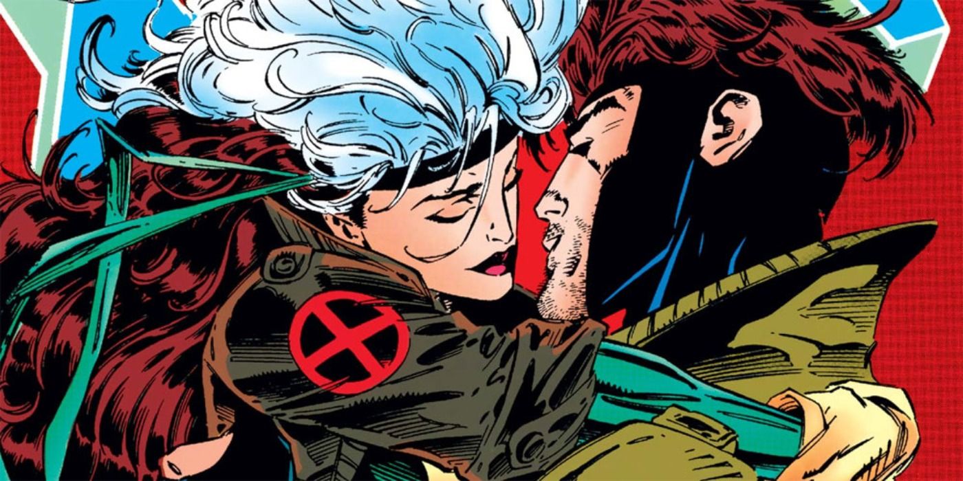 Marvel Comics' Rogue and Gambit about to kiss