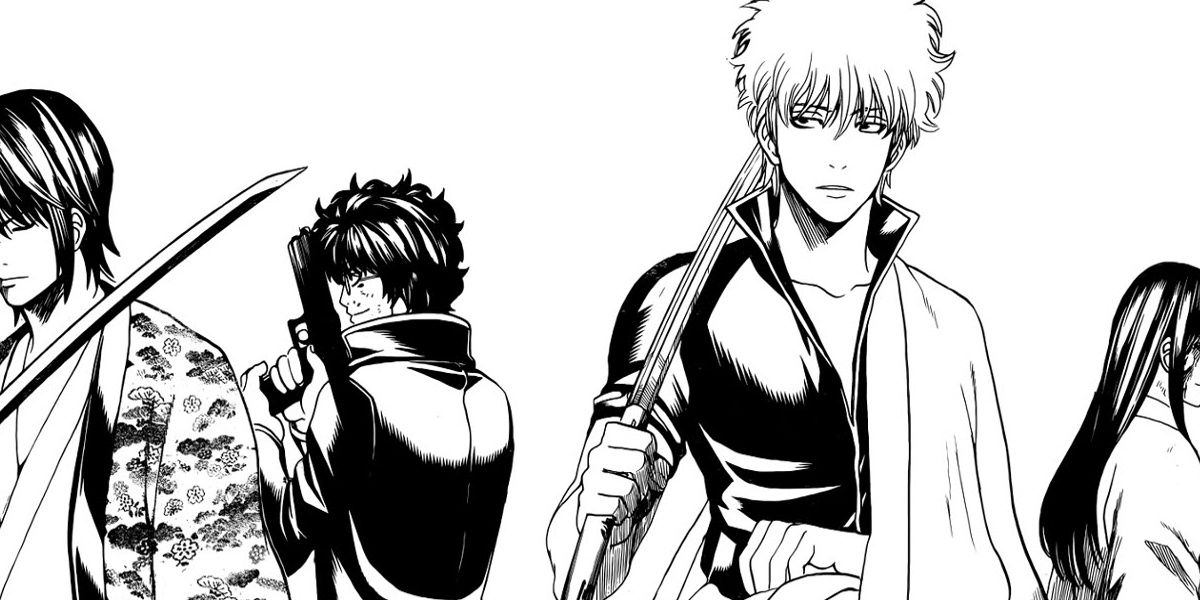 Gintoki wielding his sword while he stands next to Katsura and his people
