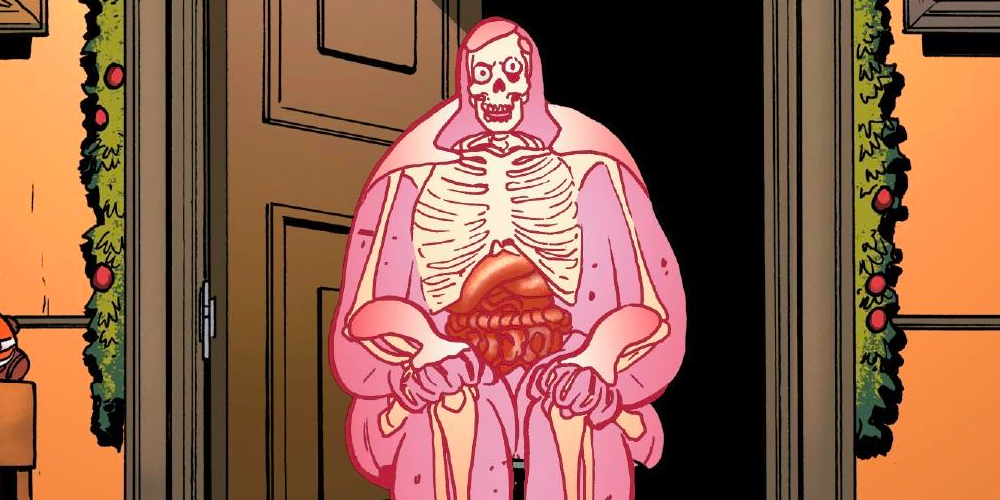 The X-Men's Glob sits in a doorway, looking like a corpulent Visible Man doll.