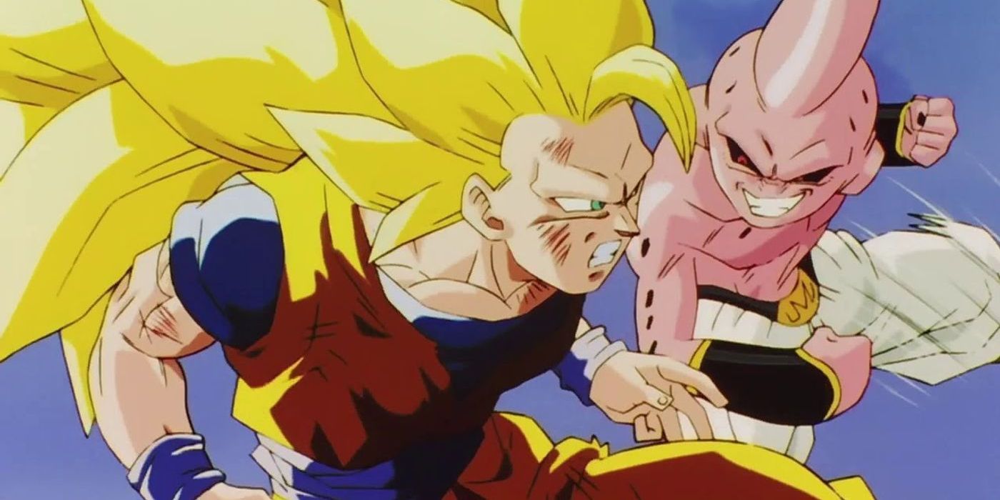 Goku fights Kid Buu while utilizing his Super Saiyan 3 form in Dragon Ball Z