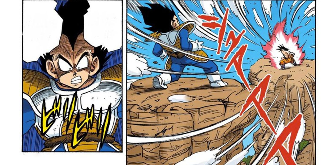 Dragon Ball Manga – Goku vs Vegeta – Goku powers up to Kaioken while Vegeta reacts in shock