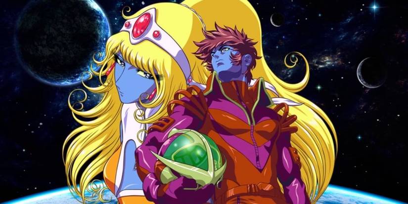 Interstella 5555 The 5tory 5ecret 5star 5ystem anime characters Shep and Stella stand back to back with outer space backdrop