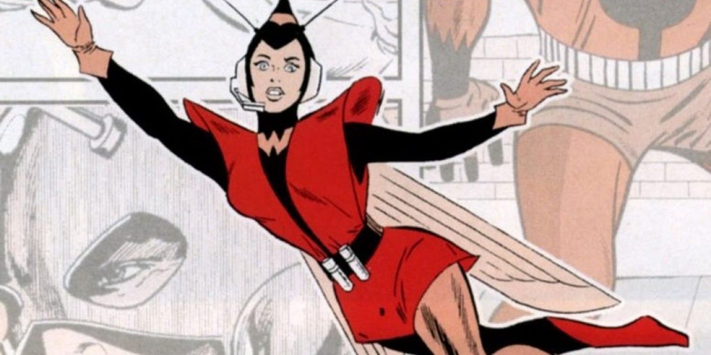Janet Van Dyne flying in front of comic panels by Marvel Comics