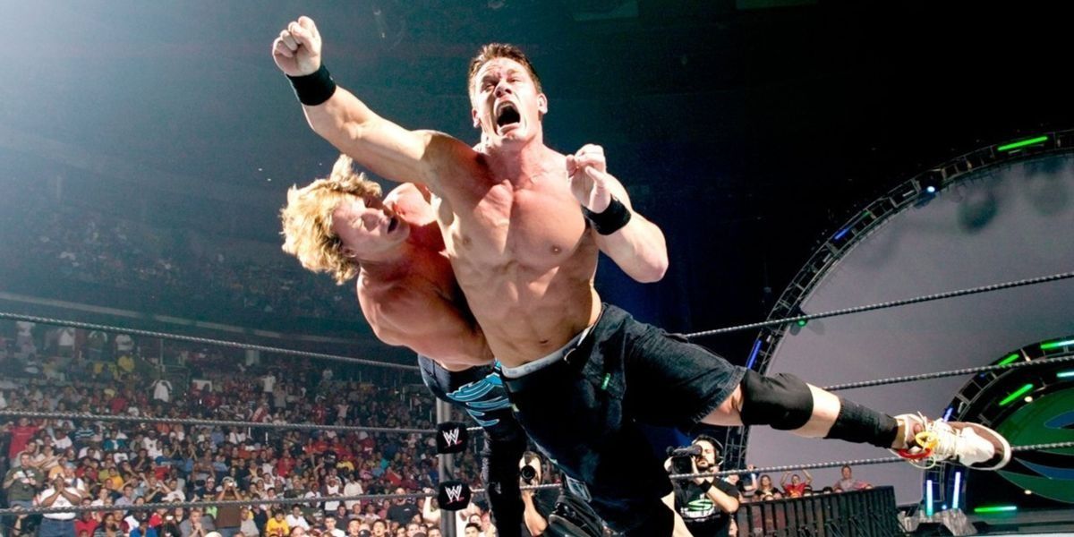 John Cena clotheslining Chris Jericho at WWE SummerSlam 2005