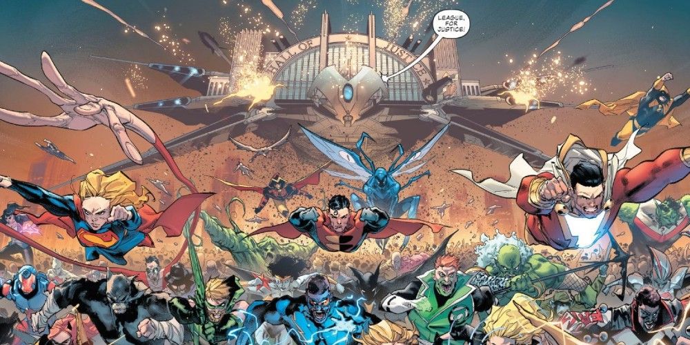 The Hall of Justice flying with multiversal Leagues charging in front