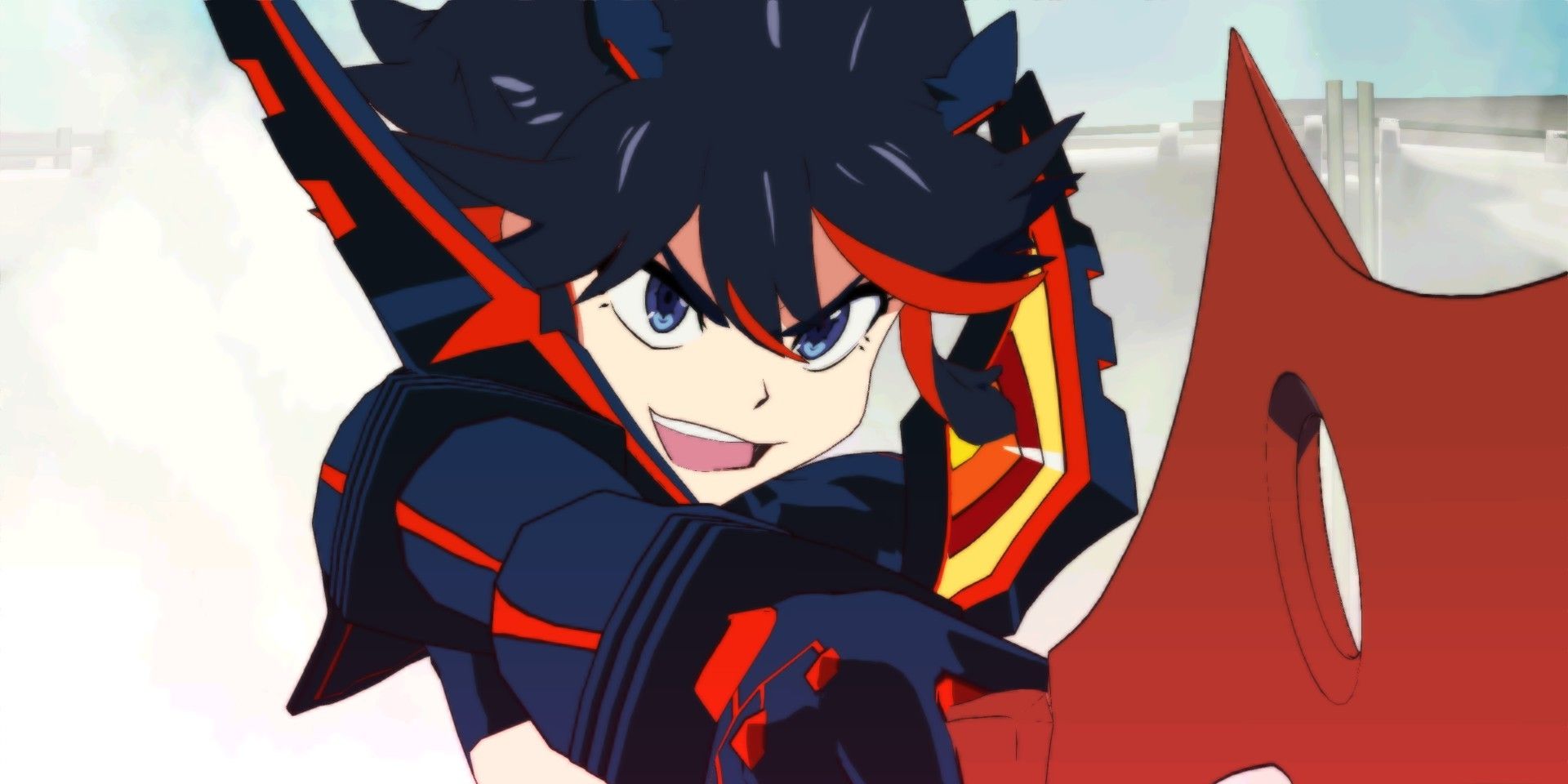 Ryuko Matoi, Kill La Kill'den güçlendirilmiş bir senketsu giyerken makas bıçağını brandisher